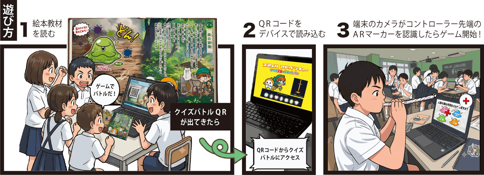 遊び方 1.絵本教材を読む 2.QRコードをデバイスで読み込む 3.端末のカメラがコントローラー先端のARマーカーを認識したらゲーム開始